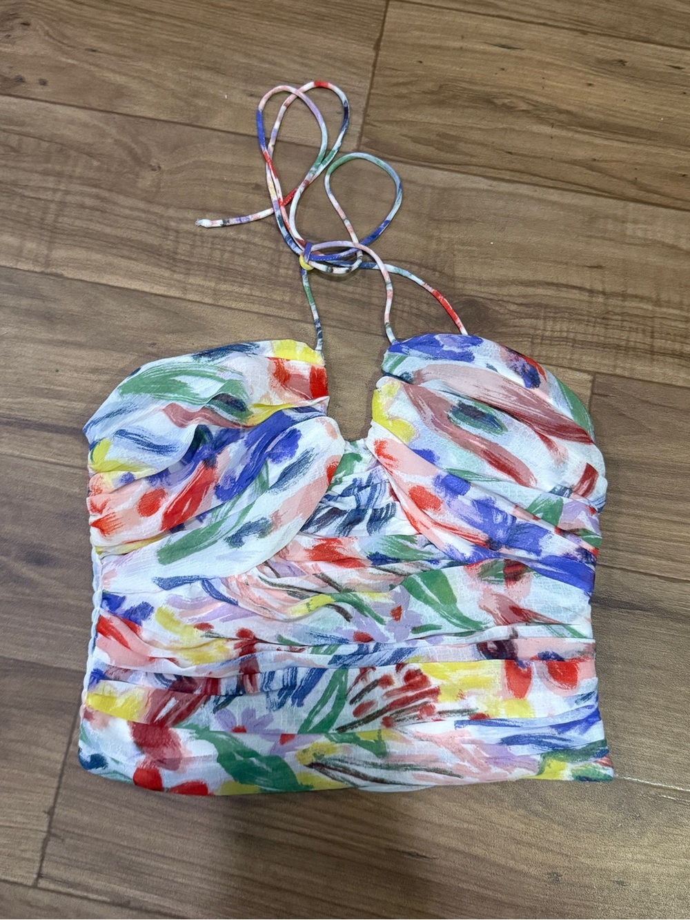 Aqua Multicolor Watercolor Strapless Tie-Neck Crop Top